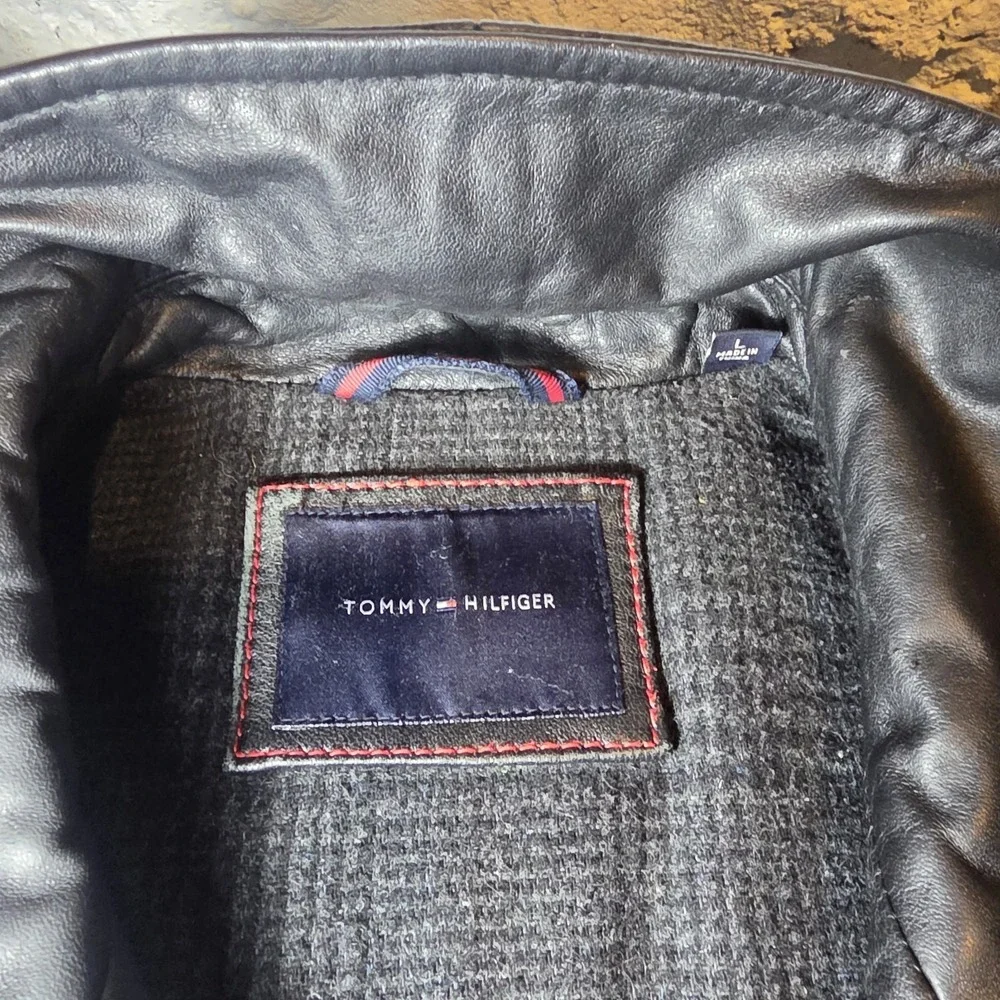 Tommy Hilfiger Mens L Black Leather Bomber Jacket Lined